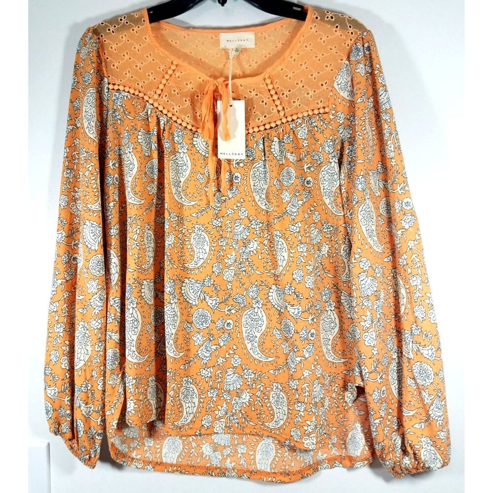 Melloday Paisley Print Peach Blouse With Eyelet Design & Tie Neckline Small